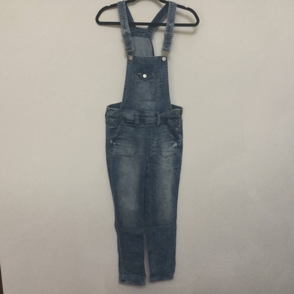 Express Jeans Mid Wash Skinny Overalls Size 2 Distressed Trendy Casual Fall